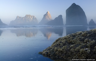 Sunrise on Sea Stacks, Reflected, Oceanside, Oregon