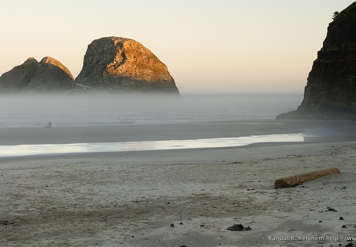 Sunrise on Sea Stacks, People Walking Dog, Oceanside, Oregon