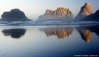 Sunrise on Sea Stacks, Reflected #2, Oceanside, Oregon