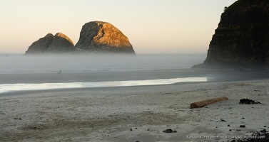 Sunrise on Sea Stacks, People Walking Dog, Oceanside, Oregon